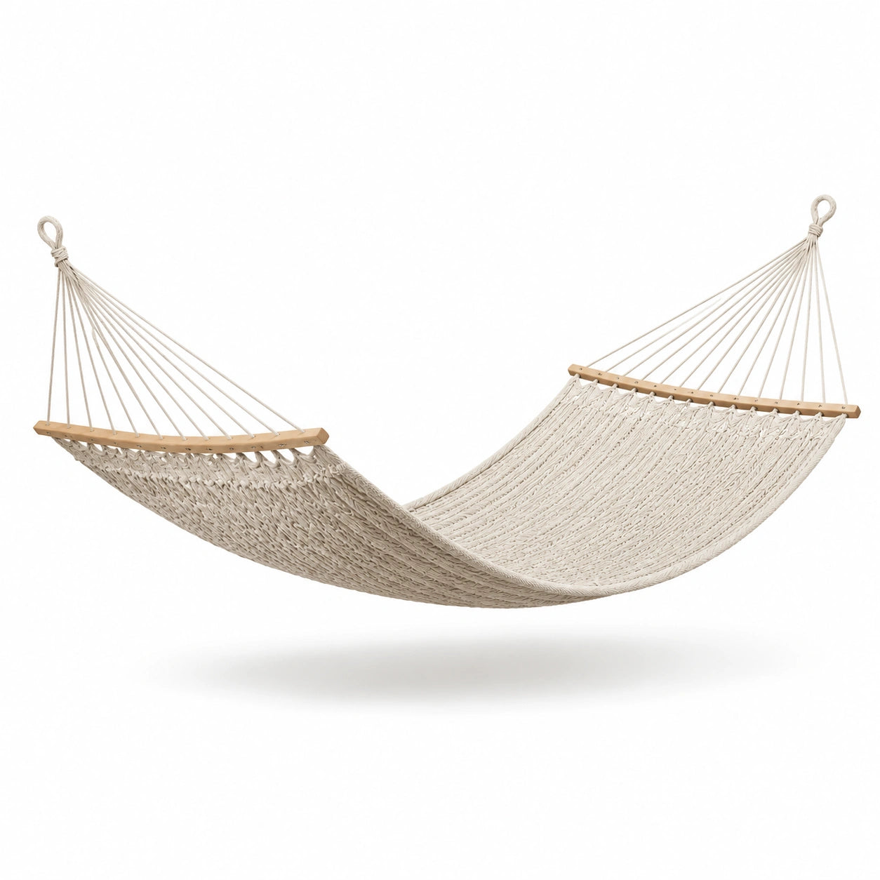 Amaca in cotone écru con barre in legno naturale, stile boho, 300 × 100 × 2 cm
