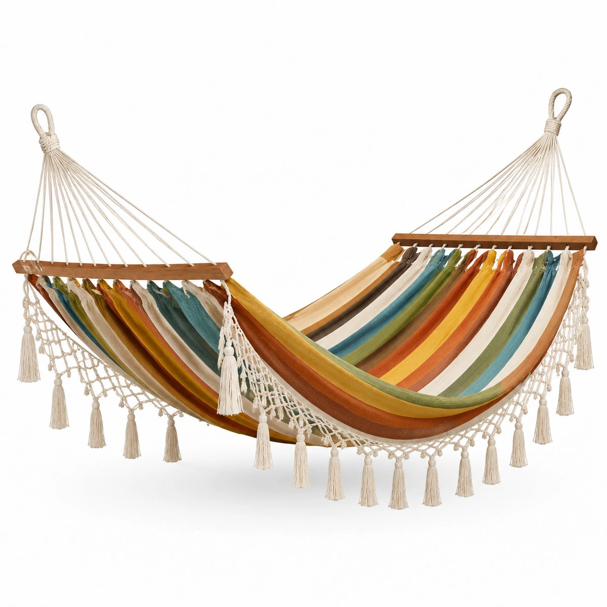 Amaca sospesa a righe 300 × 150 × 1 cm con barre in legno, rete e frange bohémien