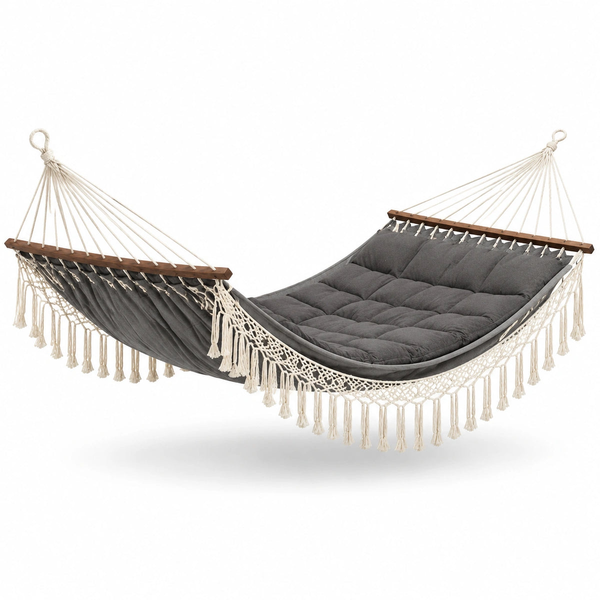 Amaca matrimoniale imbottita grigia 300 × 150 × 75 cm con barre in legno e frange