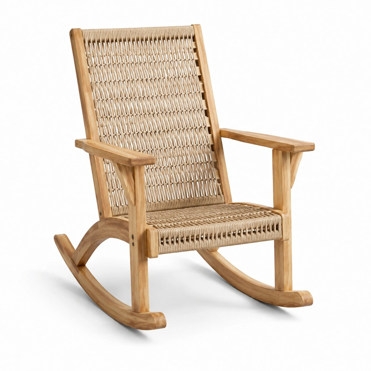 Sedia a dondolo in legno naturale e corda intrecciata beige, 70 × 90 × 100 cm, stile rustico