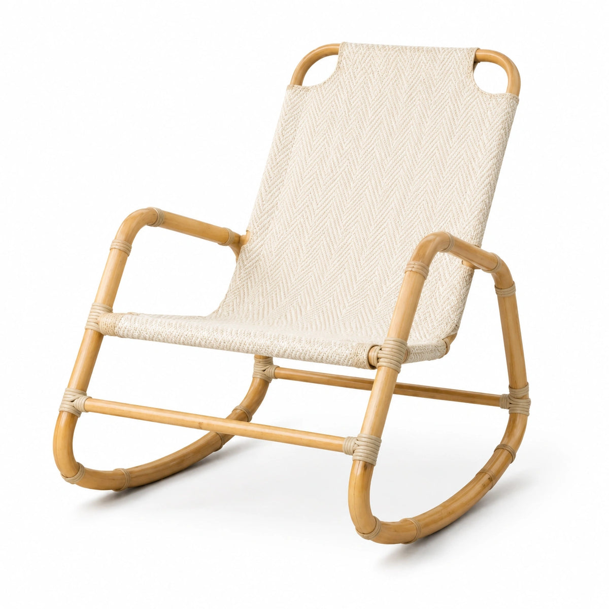 Poltrona a dondolo in rattan naturale con rivestimento beige, 73 × 95 × 100 cm