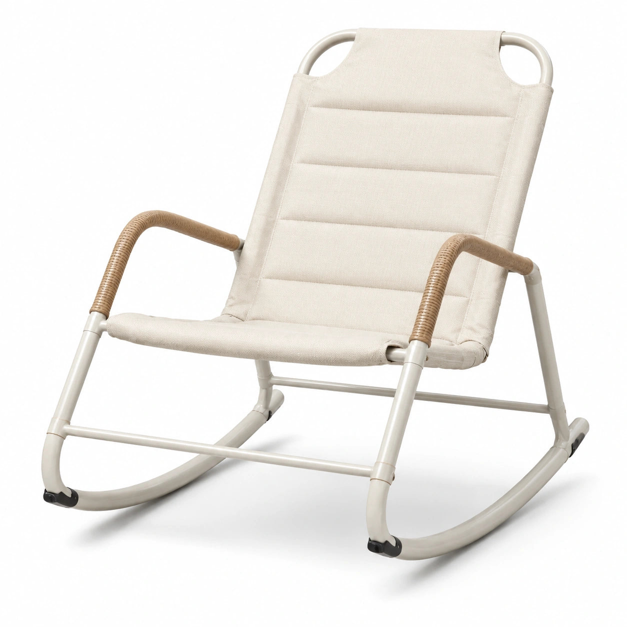 Sedia a dondolo moderna da giardino in metallo e tessuto Beige, Crema e Marrone chiaro, 95 x 68 x 90 cm