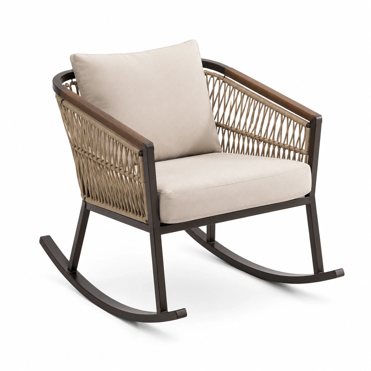 Poltrona a dondolo da esterno in metallo e corda intrecciata, Beige/Marrone, 78 × 90 × 92 cm