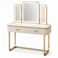 Toeletta da trucco bianca e oro 120 × 45 × 145 cm con specchio triplo illuminato e 2 cassetti