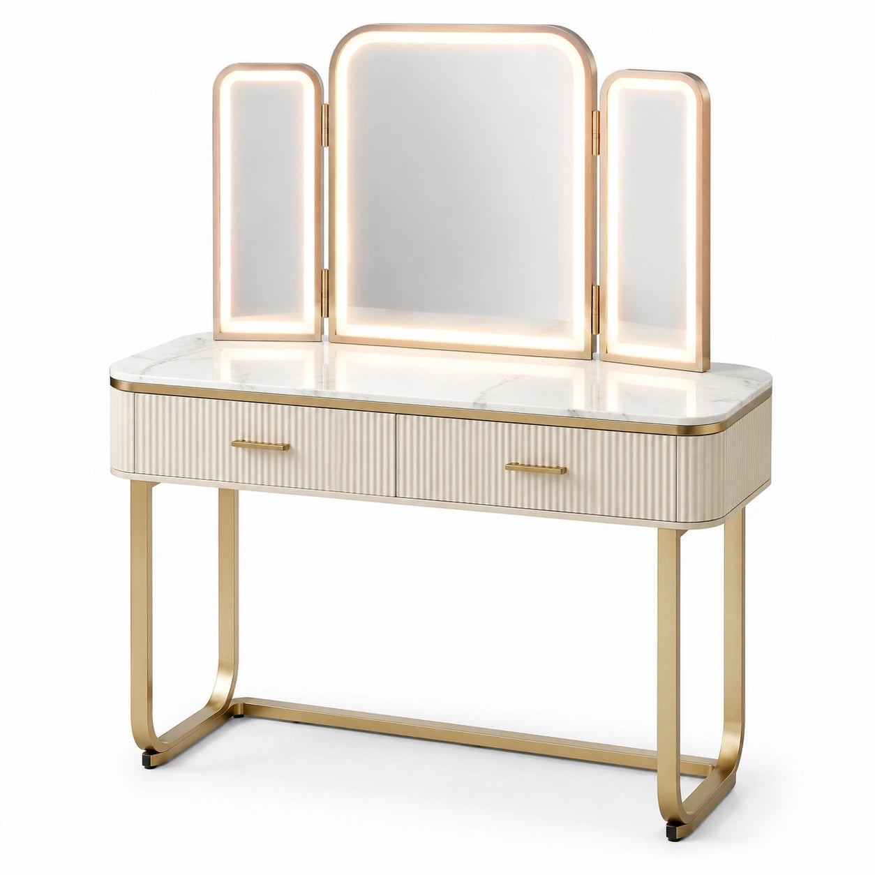 Toeletta da trucco bianca e oro 120 × 45 × 145 cm con specchio triplo illuminato e 2 cassetti