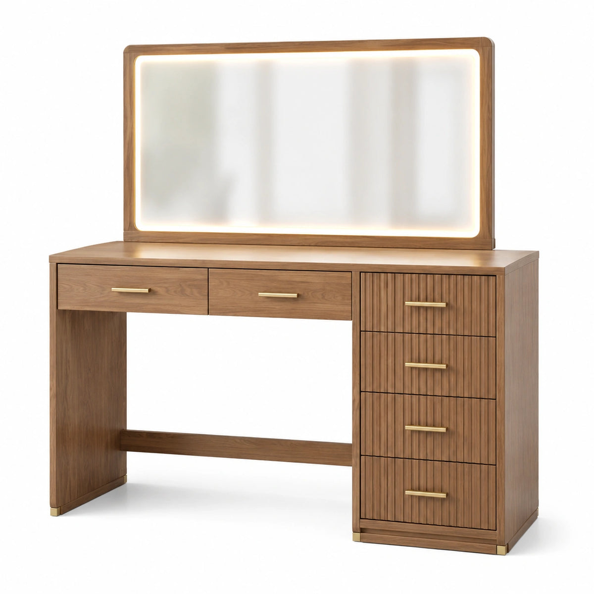 Toeletta moderna marrone e oro 120 × 45 × 135 cm con specchio illuminato e 6 cassetti