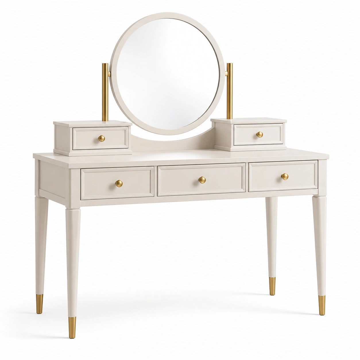 Toeletta bianco avorio e oro 110 × 45 × 145 cm con specchio rotondo orientabile e 5 cassetti