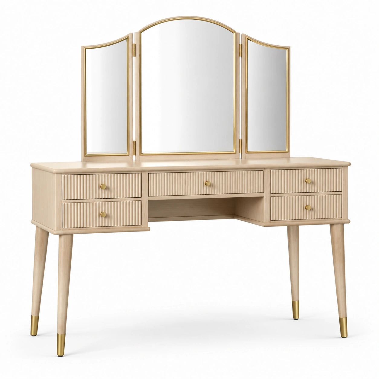 Toeletta beige e oro 120 × 45 × 145 cm con specchio trittico orientabile e 5 cassetti