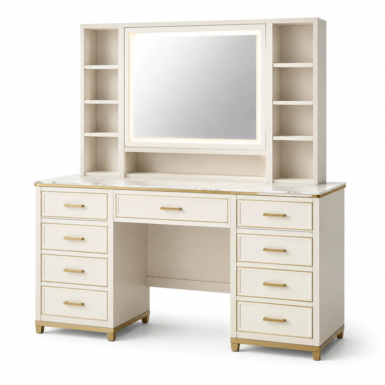 Toeletta bianca e oro 150 × 50 × 180 cm con specchio illuminato, 9 cassetti e ripiani regolabili