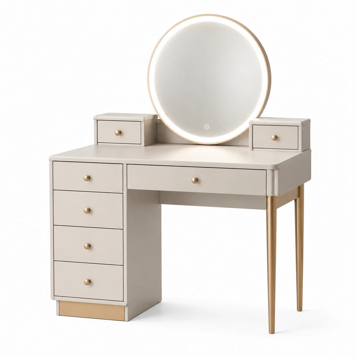 Toeletta moderna beige e oro 110 × 45 × 140 cm con specchio LED touch e 7 cassetti
