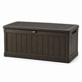 Cassapanca da esterno con seduta in resina marrone scuro effetto legno, 120 × 56 × 63 cm