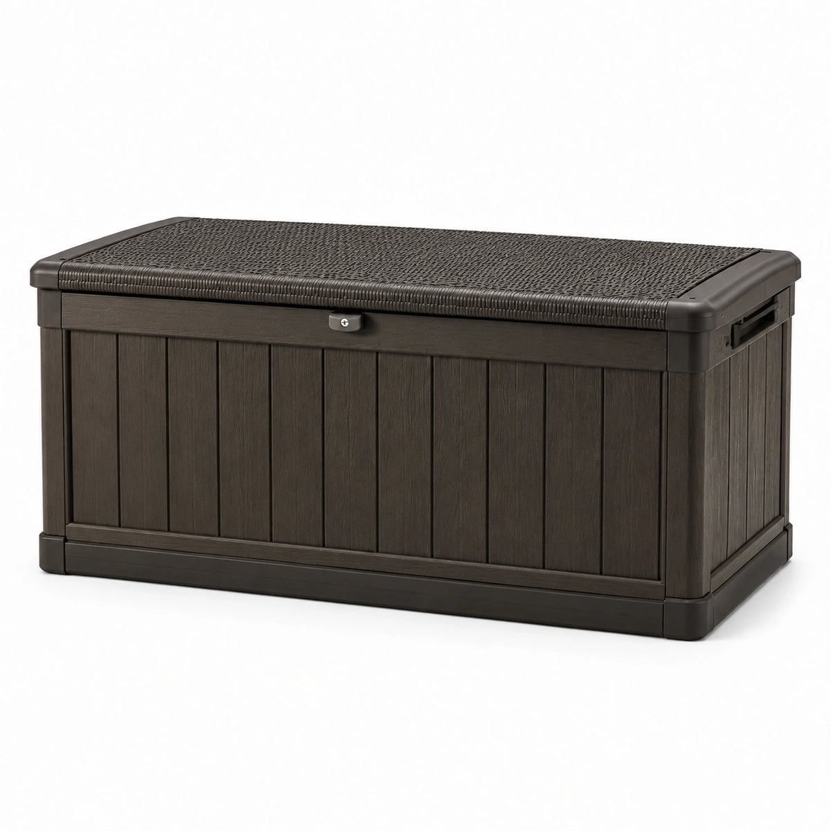 Cassapanca da esterno con seduta in resina marrone scuro effetto legno, 120 × 56 × 63 cm