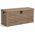 Baule da esterno in resina effetto legno marrone e nero, 151,7 x 72,5 x 70 cm, con coperchio apribile