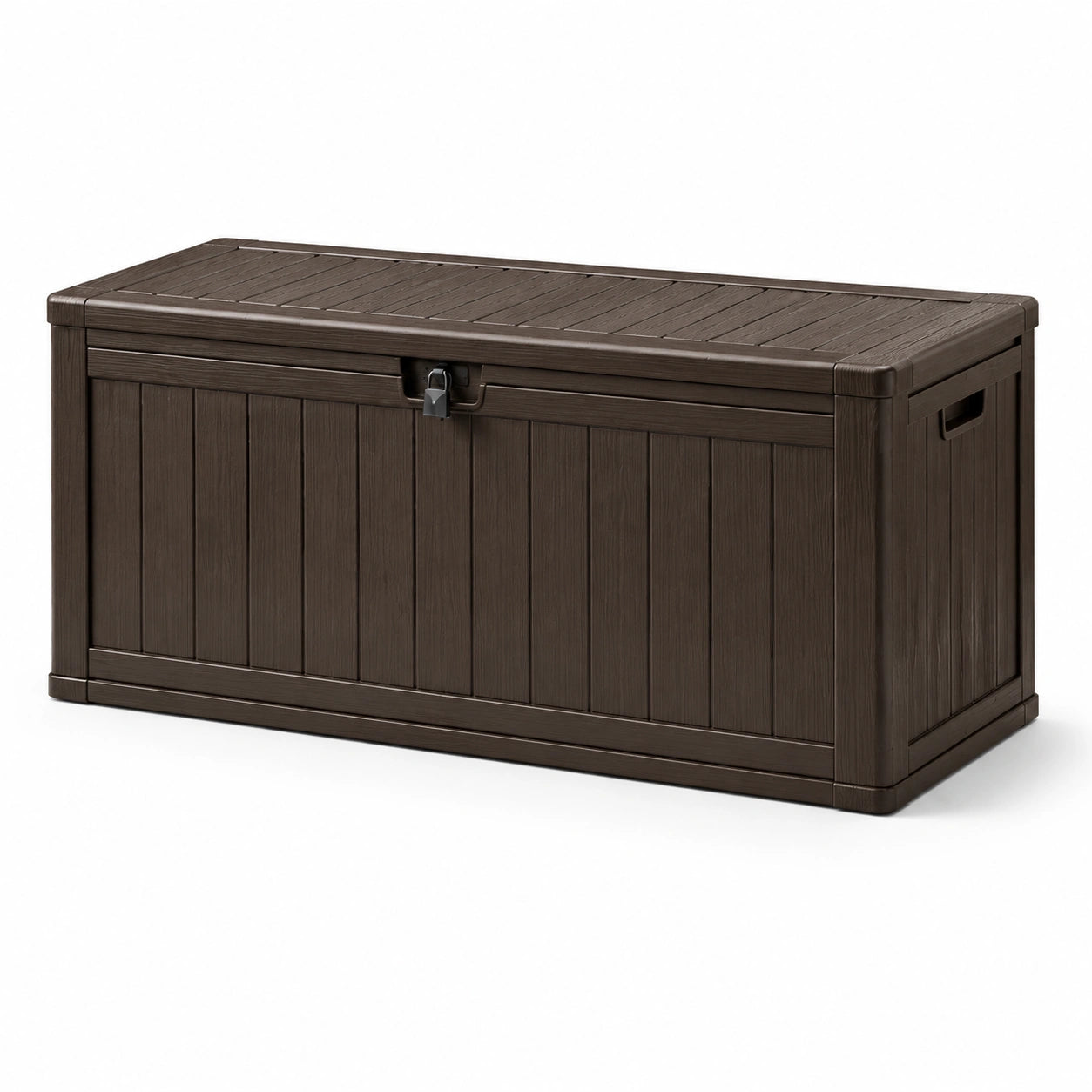 Baule da esterno in resina marrone scuro effetto legno, 120 × 55 × 60 cm, con coperchio e chiusura per lucchetto