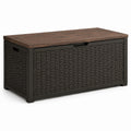 Panca contenitore da esterno in resina effetto rattan con coperchio effetto legno, marrone scuro, 120 × 50 × 60 cm