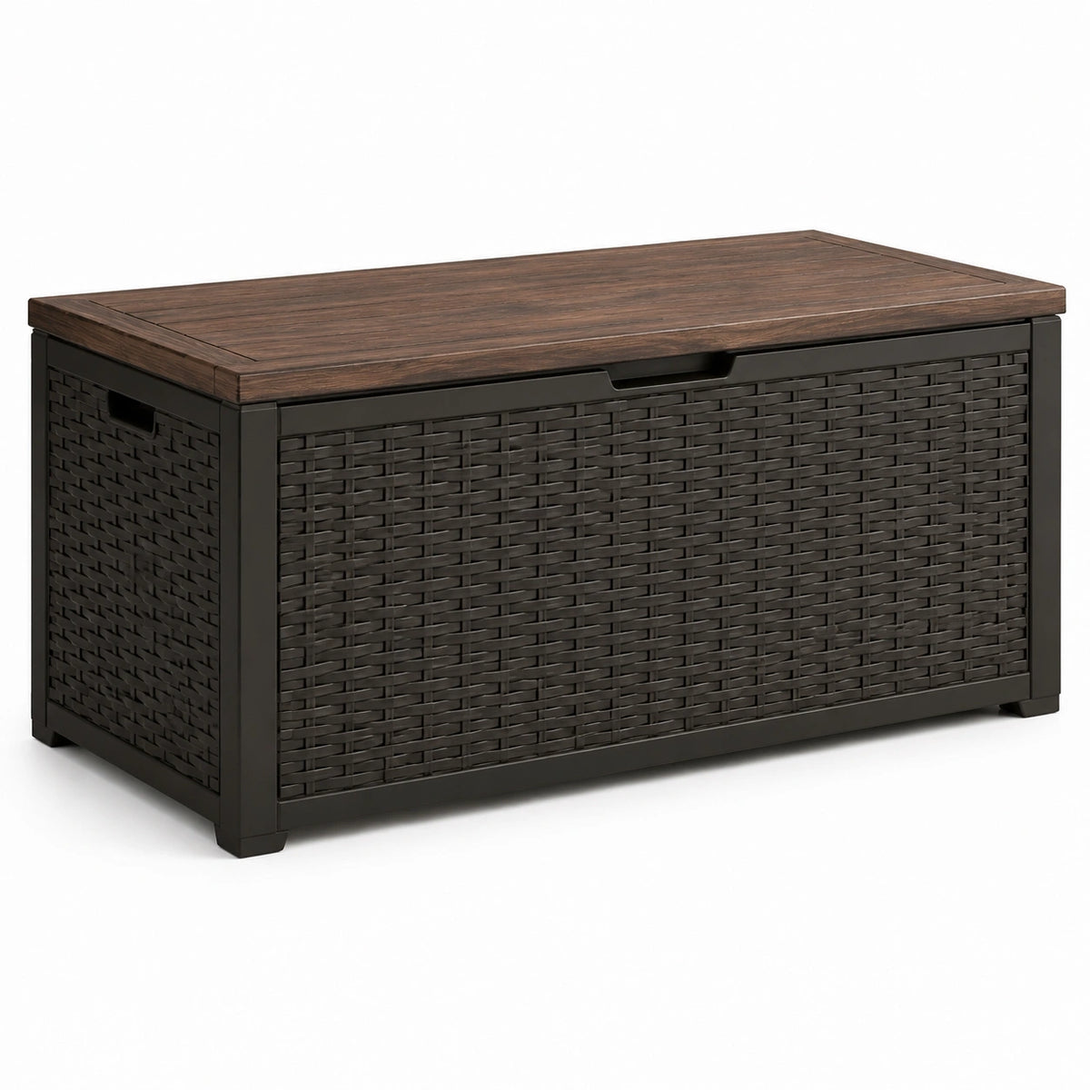 Panca contenitore da esterno in resina effetto rattan con coperchio effetto legno, marrone scuro, 120 × 50 × 60 cm