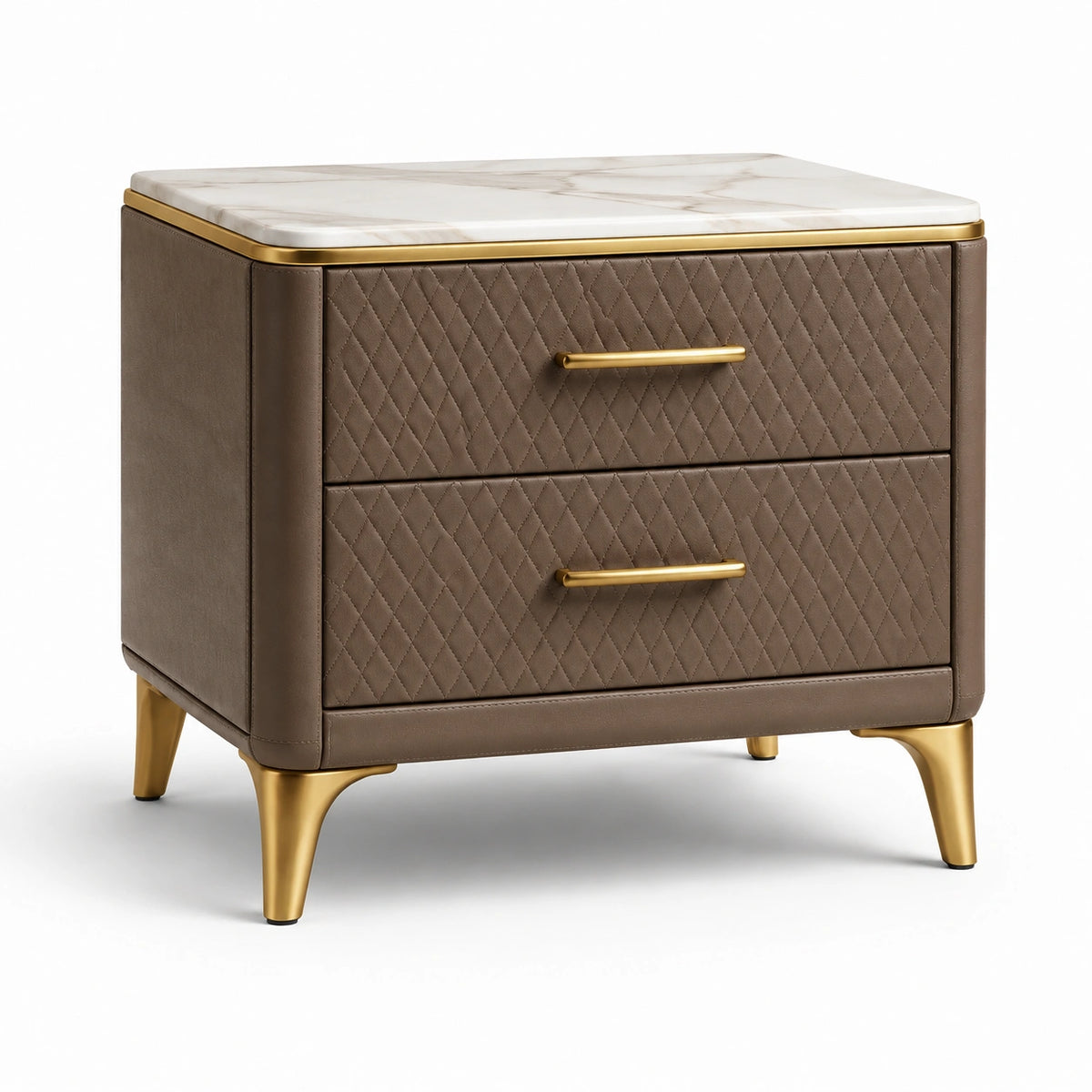 Comodino moderno con 2 cassetti, 60 × 45 × 58 cm, in similpelle tortora con piano bianco effetto marmo e dettagli dorati