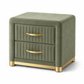 Comodino moderno con 2 cassetti in tessuto effetto velluto verde salvia e metallo dorato, 50 × 40 × 55 cm