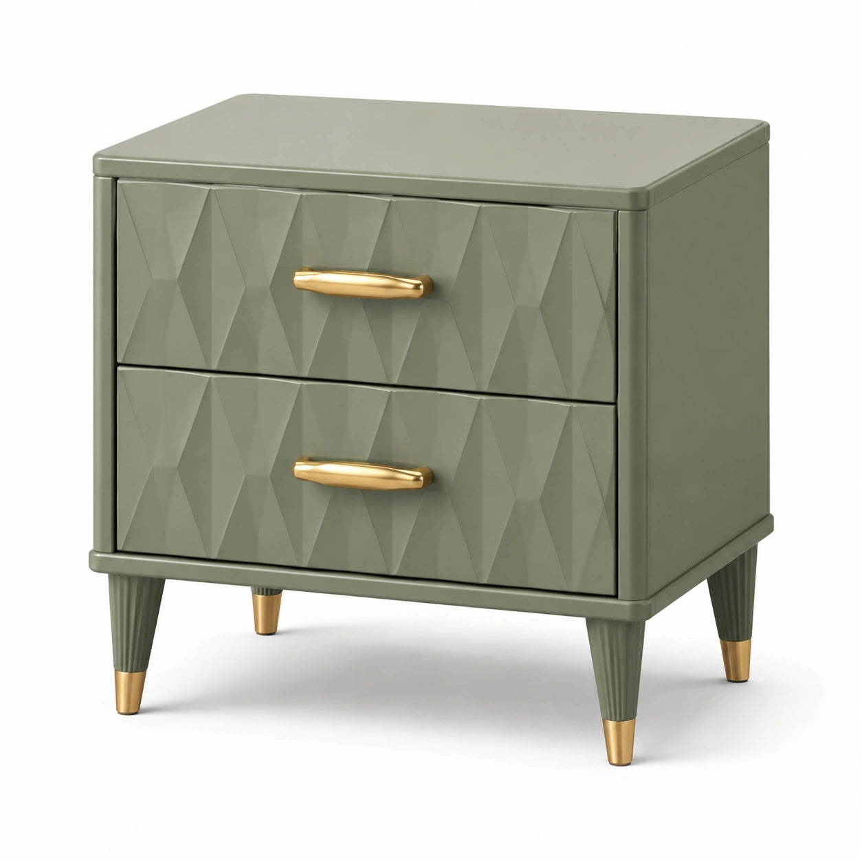 Comodino verde salvia e oro con 2 cassetti e motivo geometrico, 50 × 40 × 55 cm