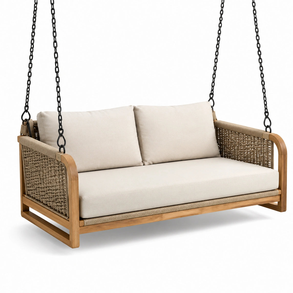 Divano sospeso da giardino a 2 posti, 170 × 80 × 70 cm, beige, marrone naturale e nero
