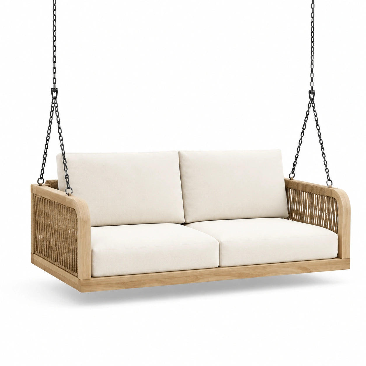 Divano sospeso da esterno a 2 posti in legno e corda, beige, crema e nero, 165 × 85 × 65 cm