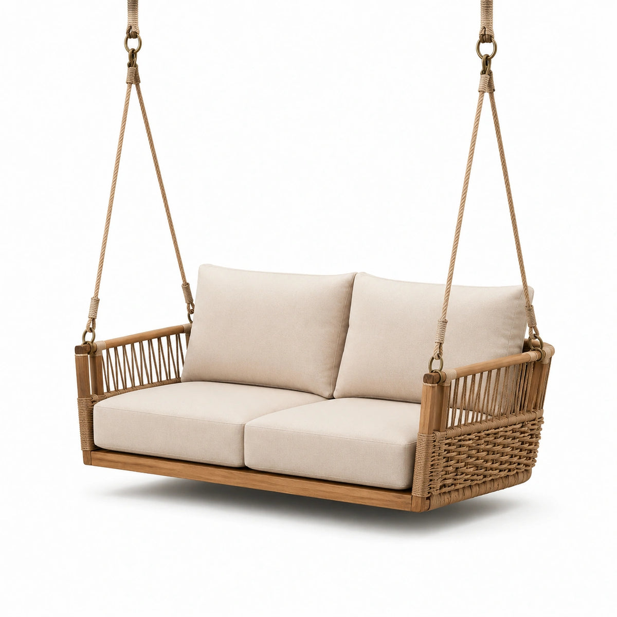 Divano sospeso da giardino a 2 posti in legno e corda, Beige/Marrone, 160 × 80 × 65 cm