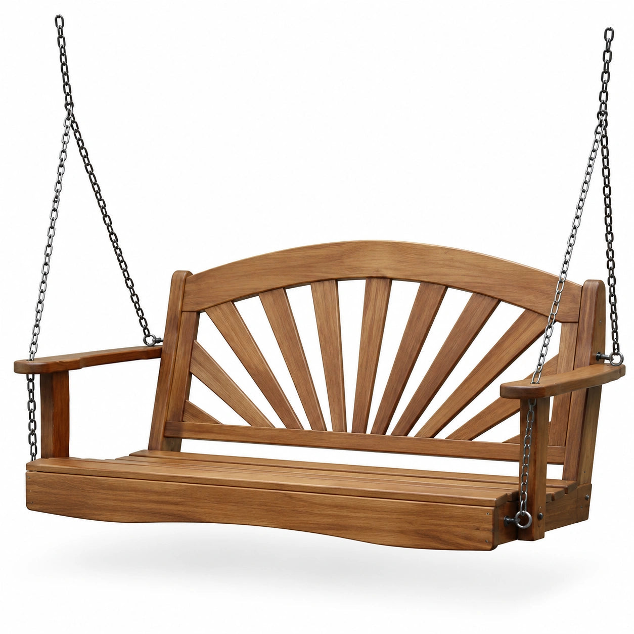 Panca dondolo sospesa da giardino in legno marrone con catene nere, 152 × 63 × 58 cm