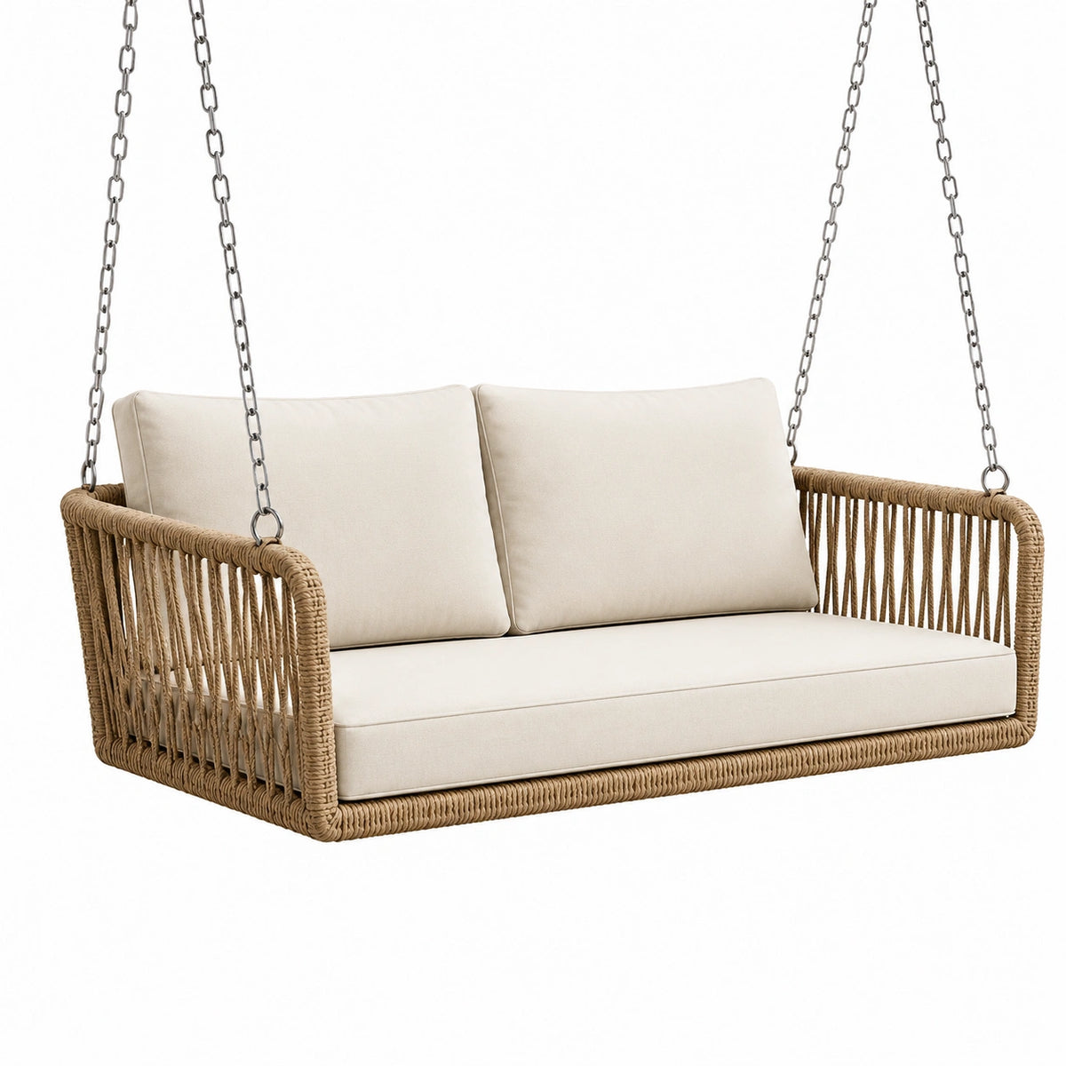 Divano sospeso da giardino a 2 posti, 180 × 85 × 75 cm, beige e crema, con catene argentate