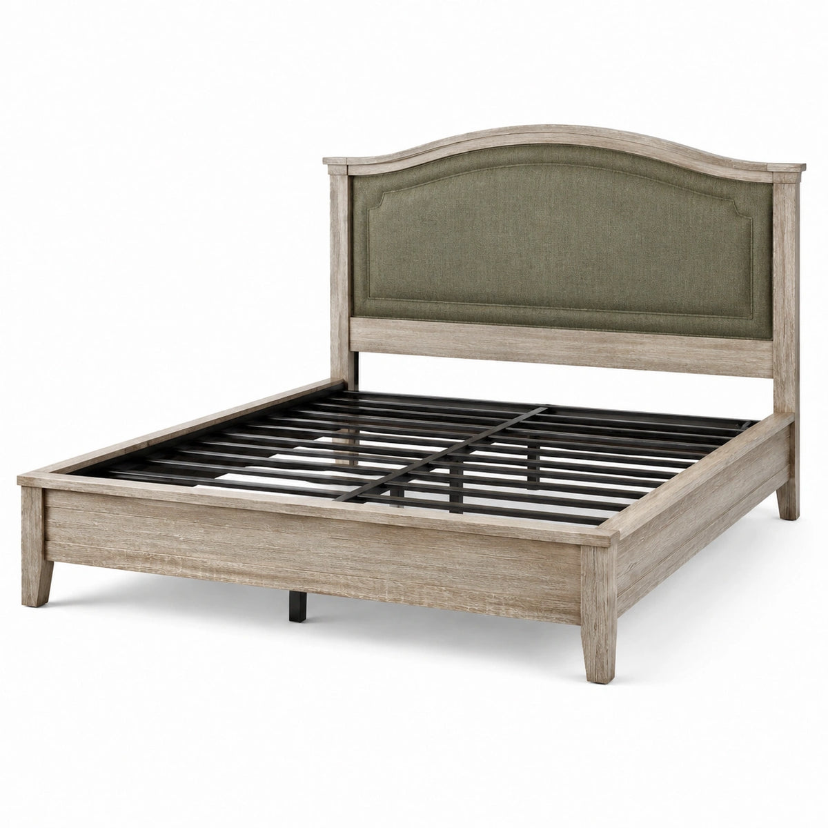 Letto matrimoniale in legno composito beige con testiera imbottita verde oliva, 215 × 170 × 135 cm