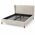 Letto matrimoniale imbottito beige con testiera scanalata e rete metallica, materasso 160 x 200 cm, dimensioni 218 x 172 x 112 cm