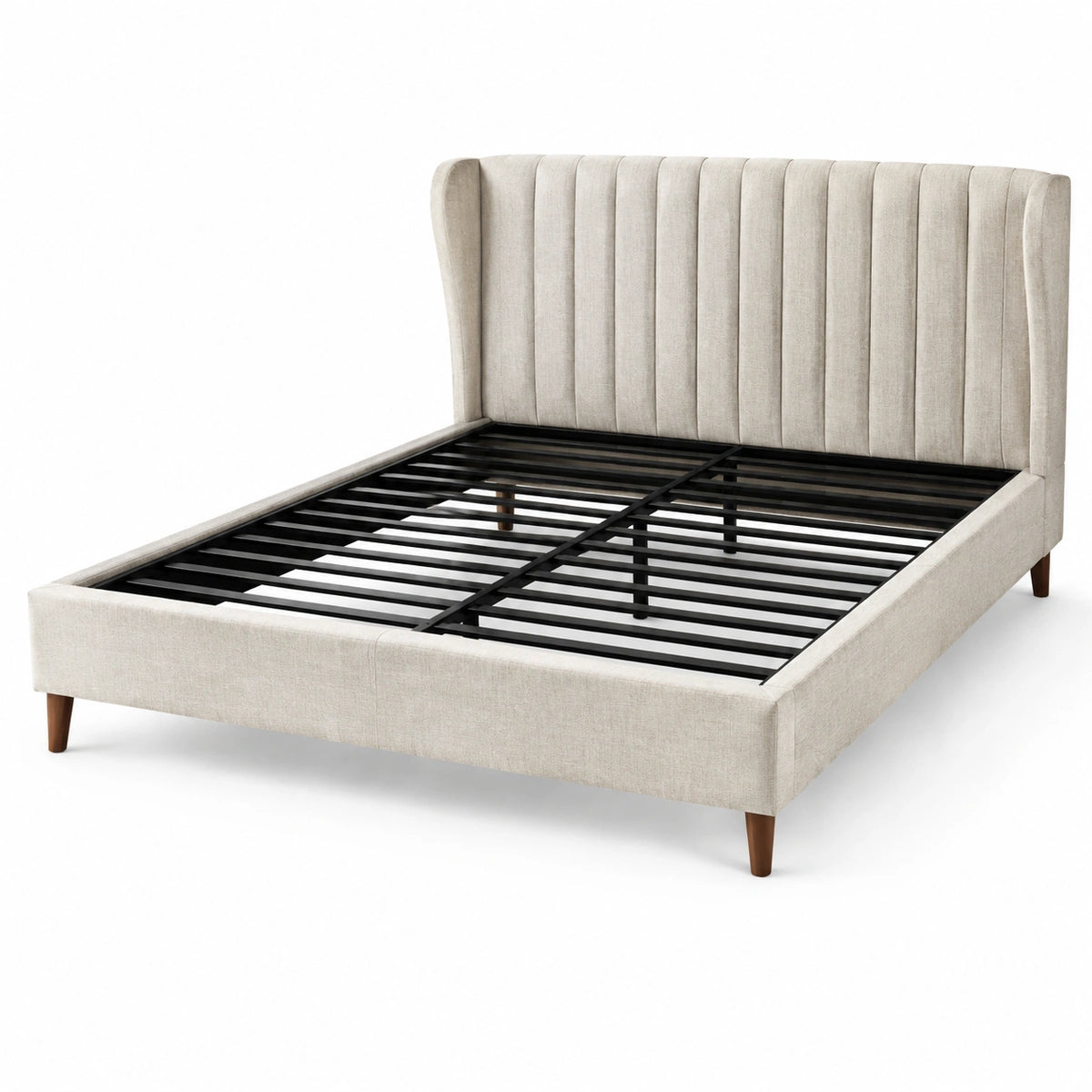 Letto matrimoniale imbottito beige con testiera scanalata e rete metallica, materasso 160 x 200 cm, dimensioni 218 x 172 x 112 cm