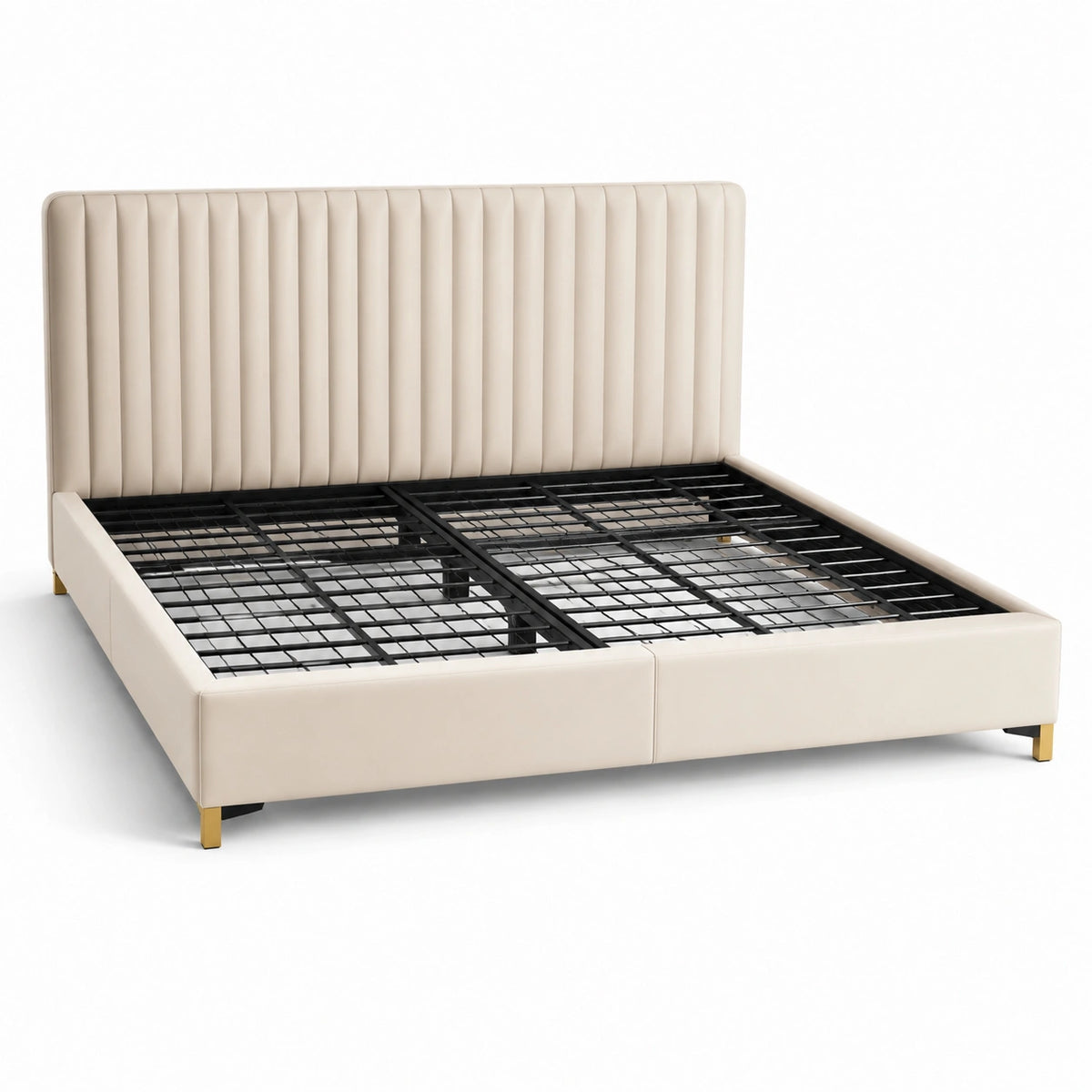 Letto matrimoniale imbottito beige 180 × 200 cm, dimensioni 215 × 195 × 120 cm, con testiera scanalata e rete metallica