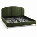 Letto matrimoniale in velluto verde oliva con testiera scanalata e rete metallica, 170 x 220 x 110 cm