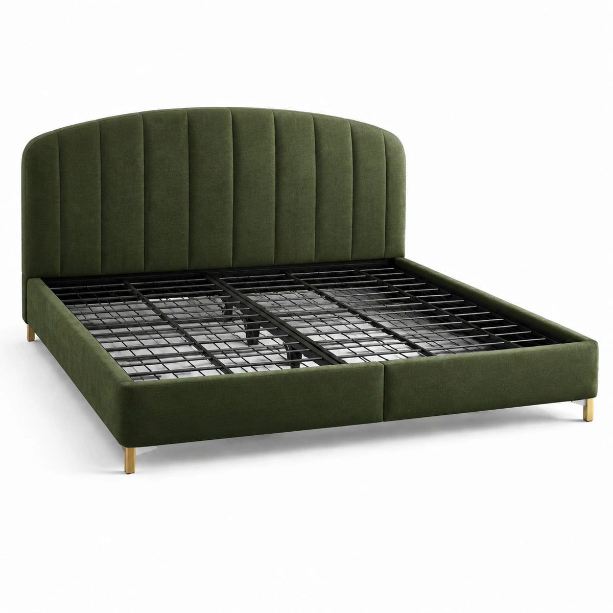Letto matrimoniale in velluto verde oliva con testiera scanalata e rete metallica, 170 x 220 x 110 cm