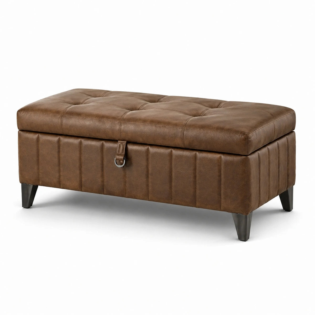 Pouf contenitore in similpelle marrone e nero con seduta capitonné, 102 × 51 × 46 cm