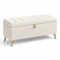 Panca contenitore imbottita 110 × 40 × 45 cm in tessuto bouclé crema con seduta capitonné e gambe dorate