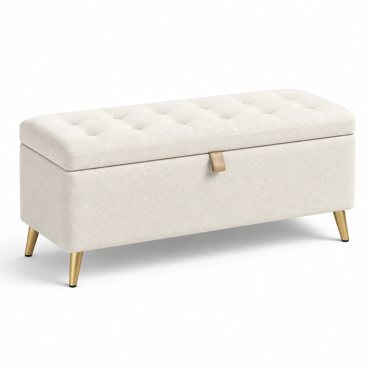 Panca contenitore imbottita 110 × 40 × 45 cm in tessuto bouclé crema con seduta capitonné e gambe dorate