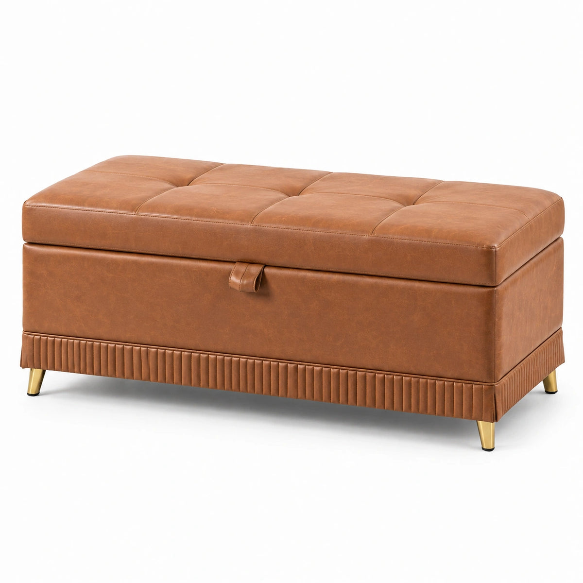 Panca contenitore in similpelle marrone cognac con seduta imbottita, 110 × 40 × 45 cm