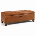 Panca contenitore in similpelle cognac 120 × 40 × 45 cm con seduta capitonné, piedi marrone scuro e borchie bronzo