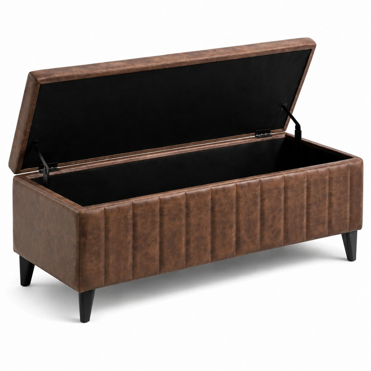 Panca contenitore imbottita in similpelle marrone con coperchio apribile, 120 × 40 × 45 cm
