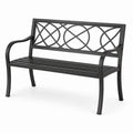 Panca da giardino in metallo nero con schienale decorativo e braccioli, 120 × 60 × 85 cm