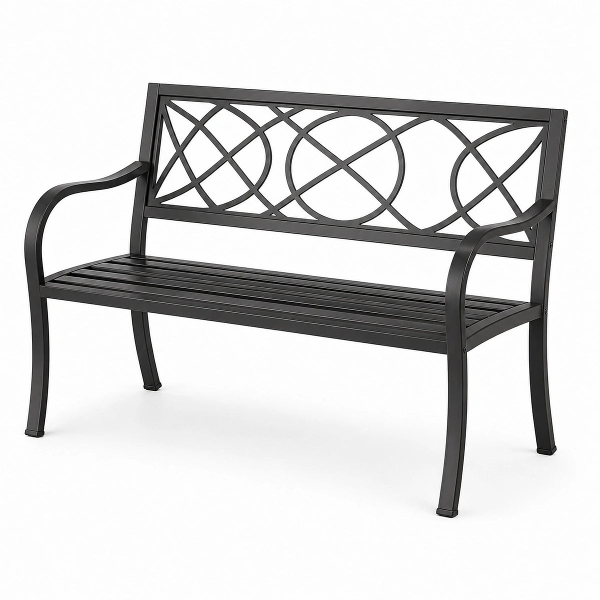 Panca da giardino in metallo nero con schienale decorativo e braccioli, 120 × 60 × 85 cm