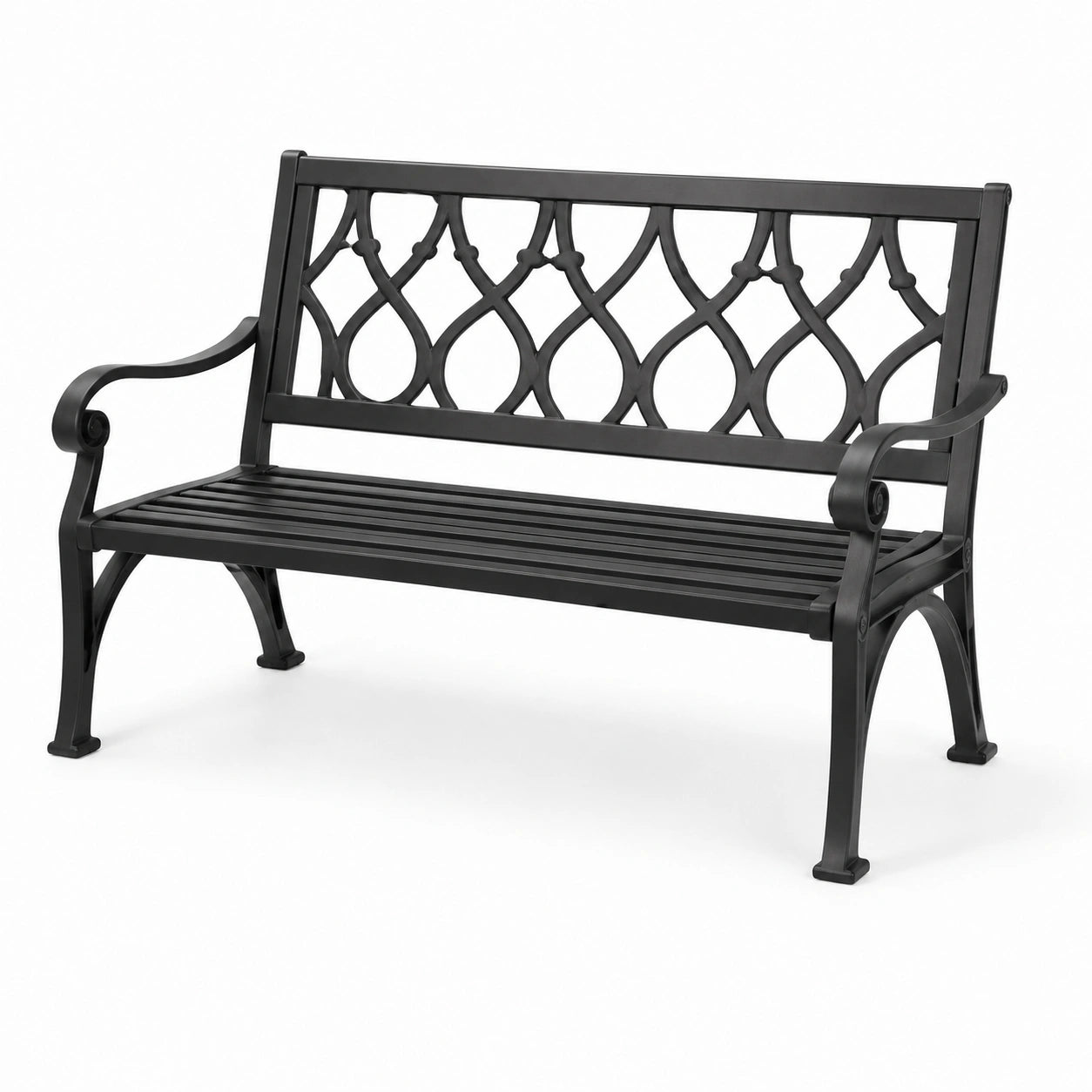 Panca da giardino in metallo nero 127 × 60 × 86 cm con schienale decorativo e braccioli