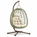 Poltrona sospesa autoportante verde oliva con cuscini beige e supporto marrone, 115 × 110 × 200 cm