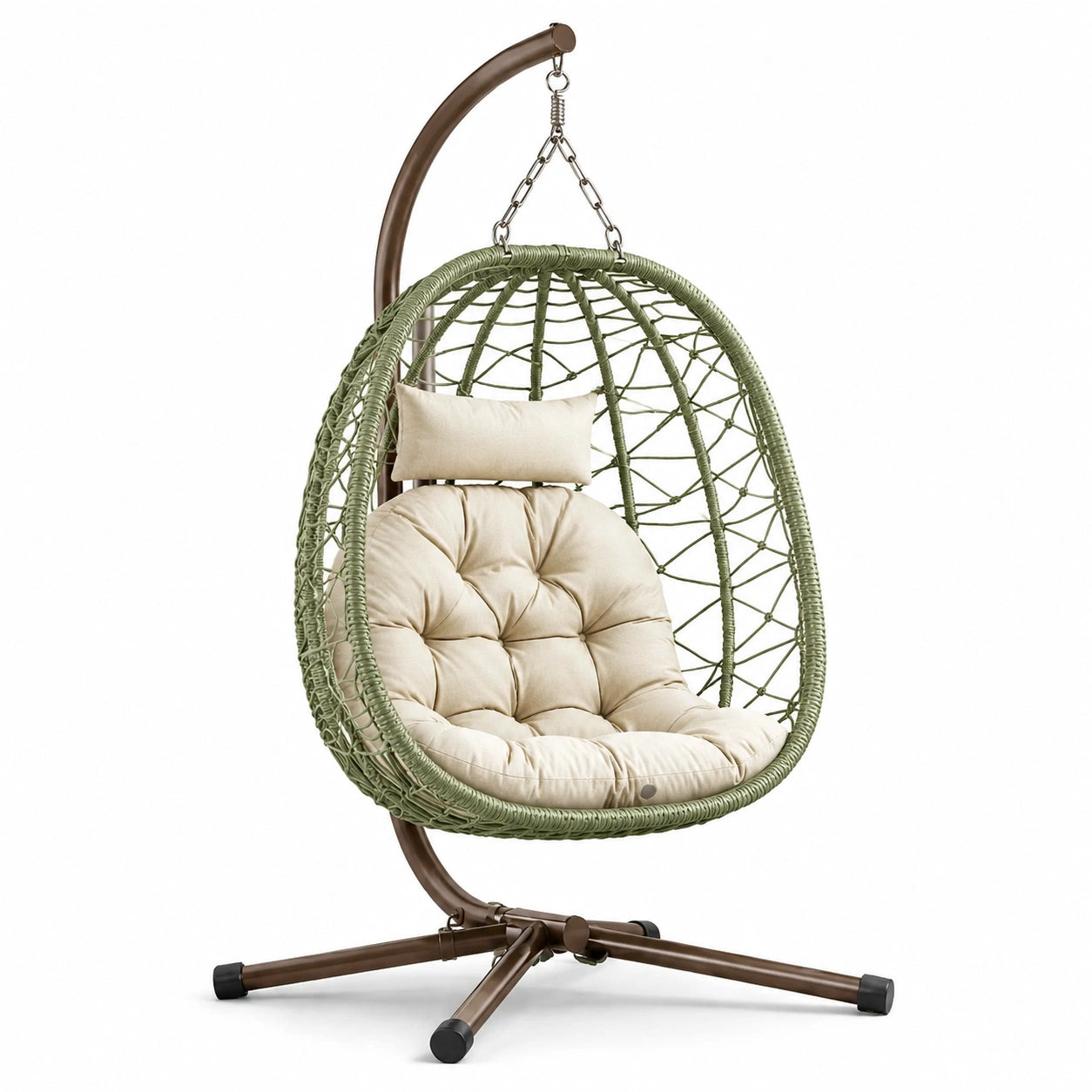 Poltrona sospesa autoportante verde oliva con cuscini beige e supporto marrone, 115 × 110 × 200 cm
