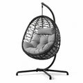 Poltrona sospesa con supporto 110 x 110 x 195 cm in acciaio e polyrattan nero con cuscini grigi