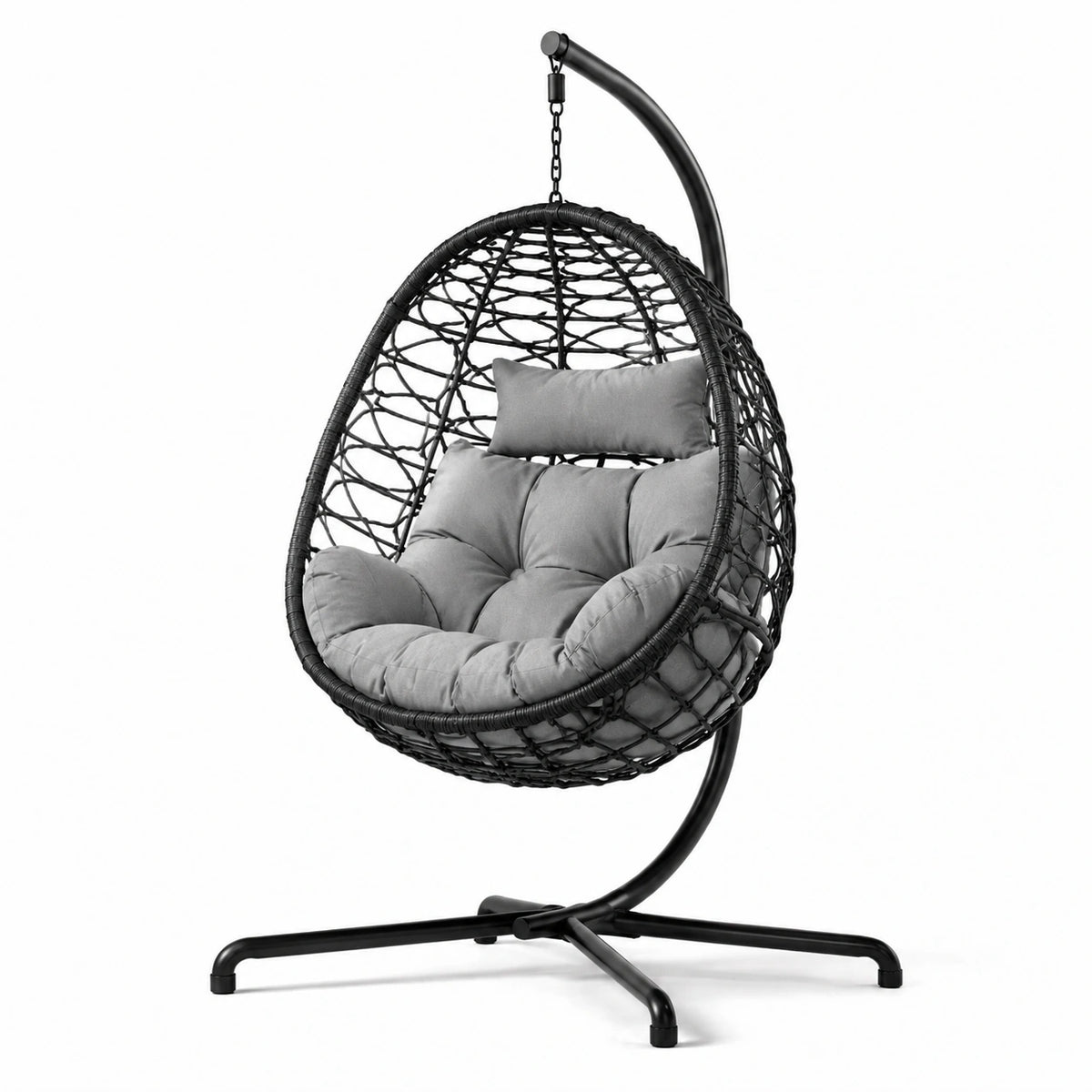 Poltrona sospesa con supporto 110 x 110 x 195 cm in acciaio e polyrattan nero con cuscini grigi