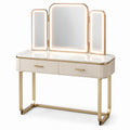 Toeletta da trucco bianca e oro 120 × 45 × 145 cm con specchio triplo illuminato e 2 cassetti