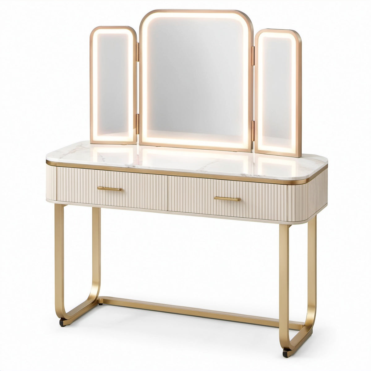 Toeletta da trucco bianca e oro 120 × 45 × 145 cm con specchio triplo illuminato e 2 cassetti
