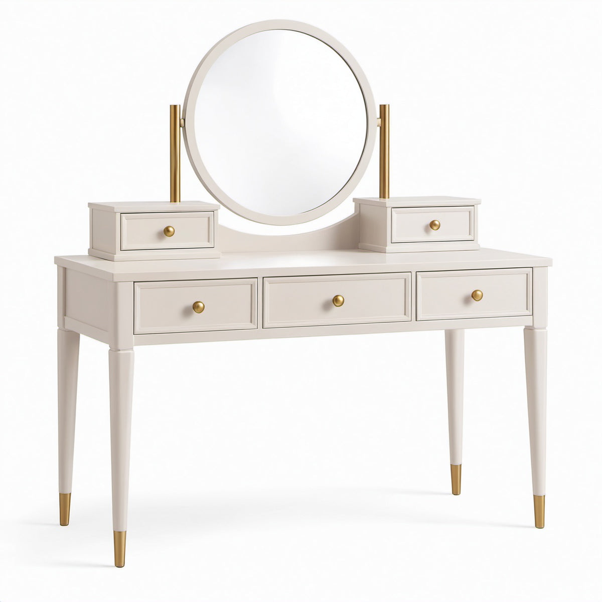 Toeletta bianco avorio e oro 110 × 45 × 145 cm con specchio rotondo orientabile e 5 cassetti